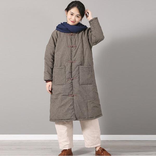 Winter Vintage Plaid Double Breasted Cotton Linen Thick Coats - Omychic