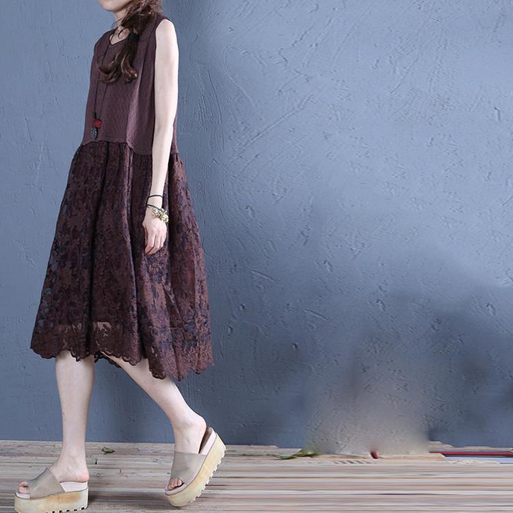 100% chocolate Cotton dress sleeveless short patchwork summer Dress - Omychic