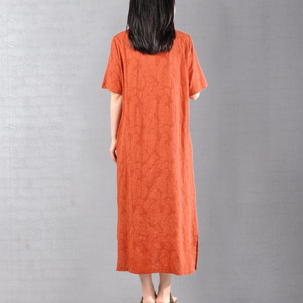 100% cotton orange dresses Fun Vintage Summer Solid Maxi Short Sleeve Dress - Omychic