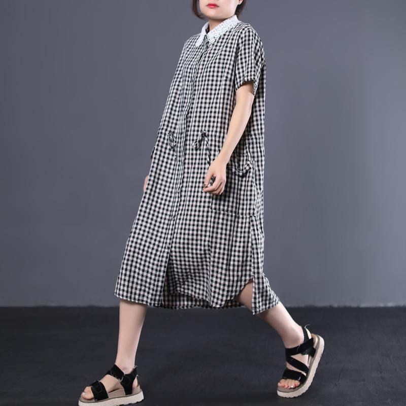 100% drawstring cotton quilting dresses Wardrobes black plaid Robe Dresses summer - Omychic