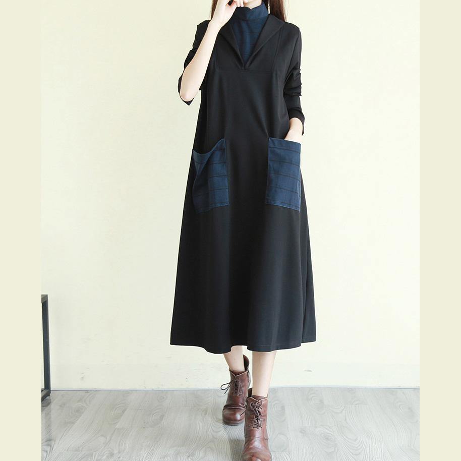 100% high neck patchwork cotton clothes stylish Work black A Line Dress - Omychic