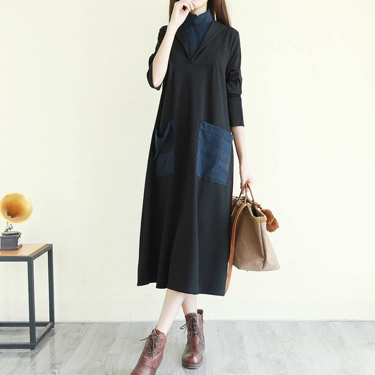 100% high neck patchwork cotton clothes stylish Work black A Line Dress - Omychic