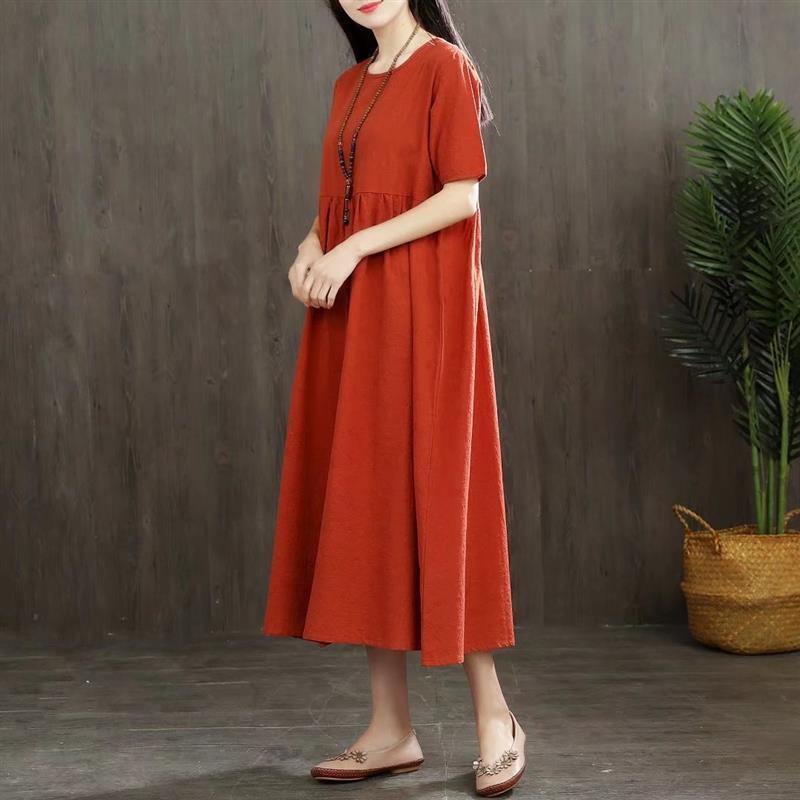100% loose waist cotton linen Robes Fabrics orange red Dress summer - Omychic
