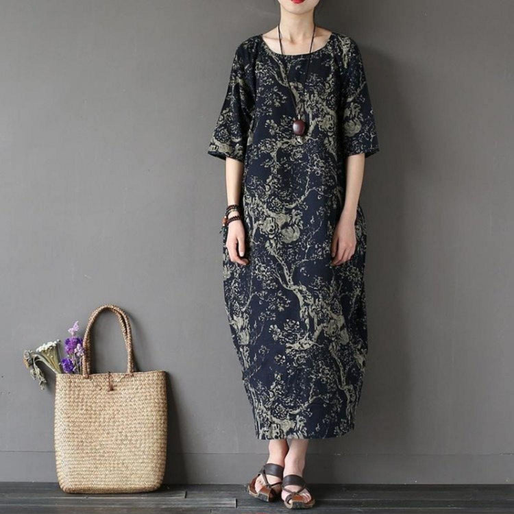100% o neck linen summer Robes Neckline navy prints Dress - Omychic