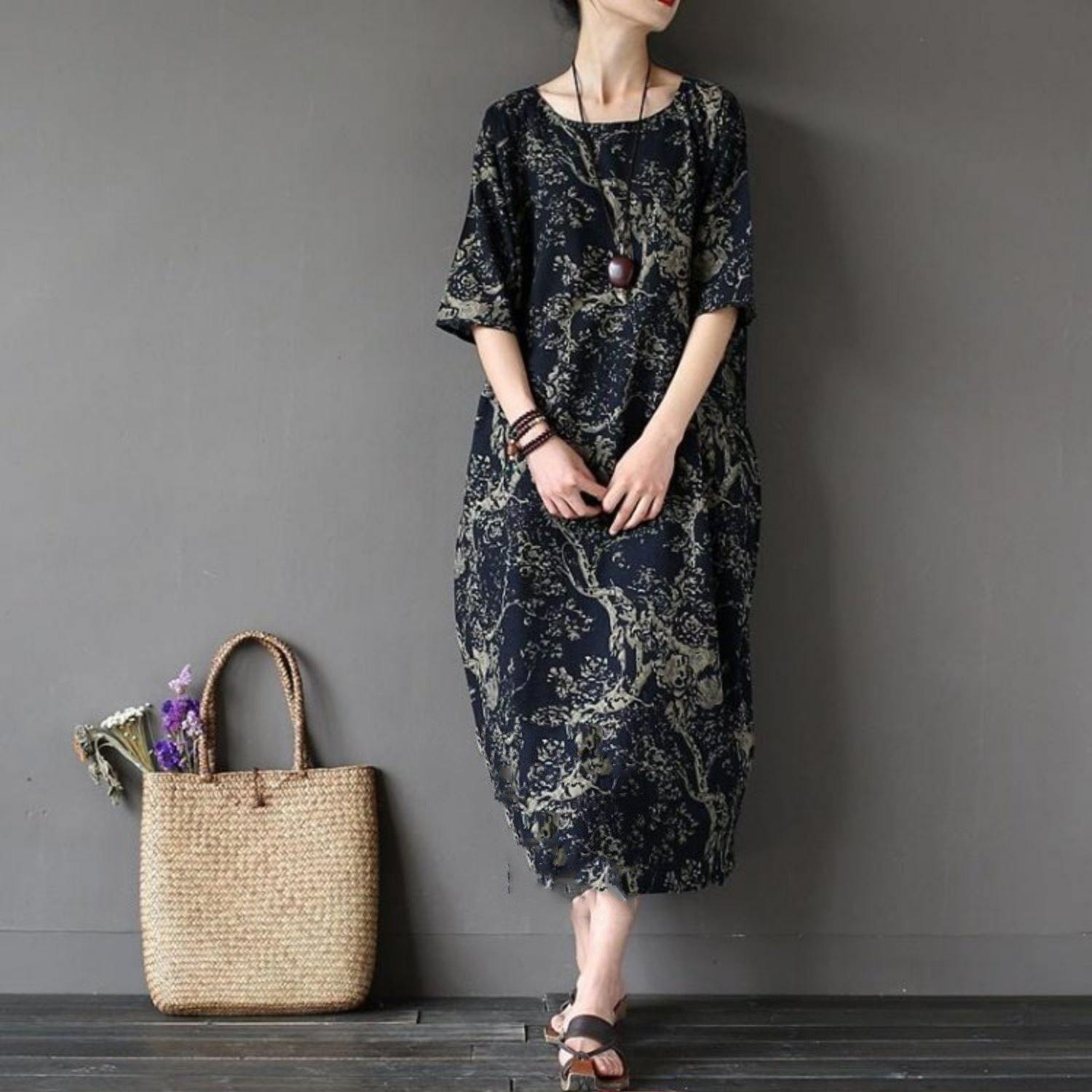 100% o neck linen summer Robes Neckline navy prints Dress - Omychic