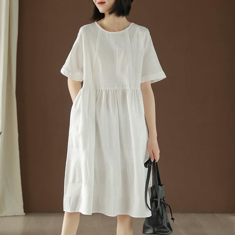100% o neck pockets Cotton quilting clothes linen white Dress summer - Omychic