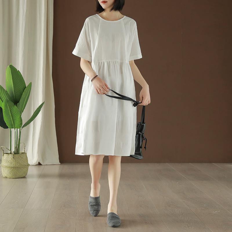 100% o neck pockets Cotton quilting clothes linen white Dress summer - Omychic