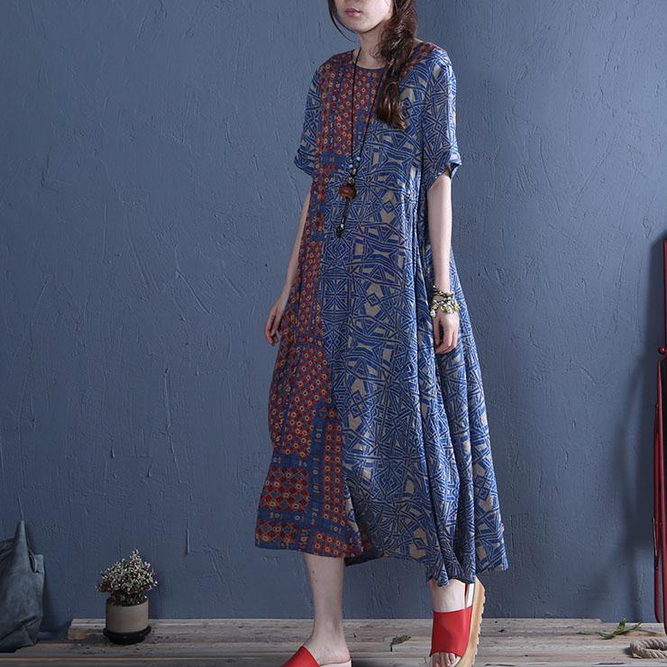 100% o neck pockets cotton dresses Runway blue print Art Dresses summer - Omychic