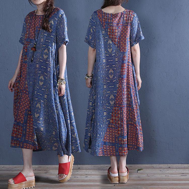 100% o neck pockets cotton dresses Runway blue print Art Dresses summer - Omychic