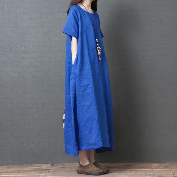 100% o neck pockets linen clothes Women Fabrics blue Maxi Dress summer - Omychic