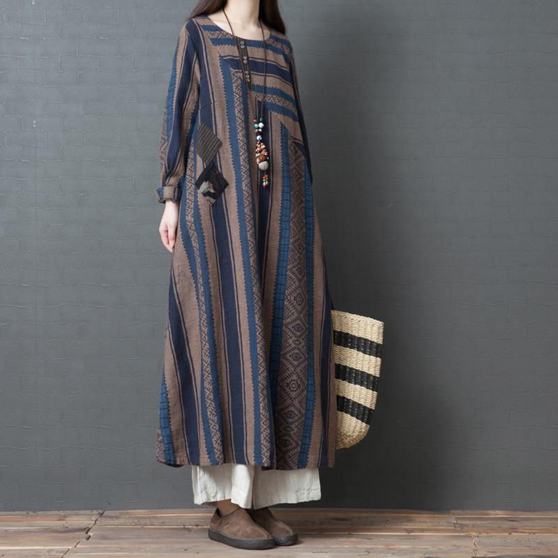 100% patchwork linen clothes Boho Sewing blue striped A Line Dress spring - Omychic