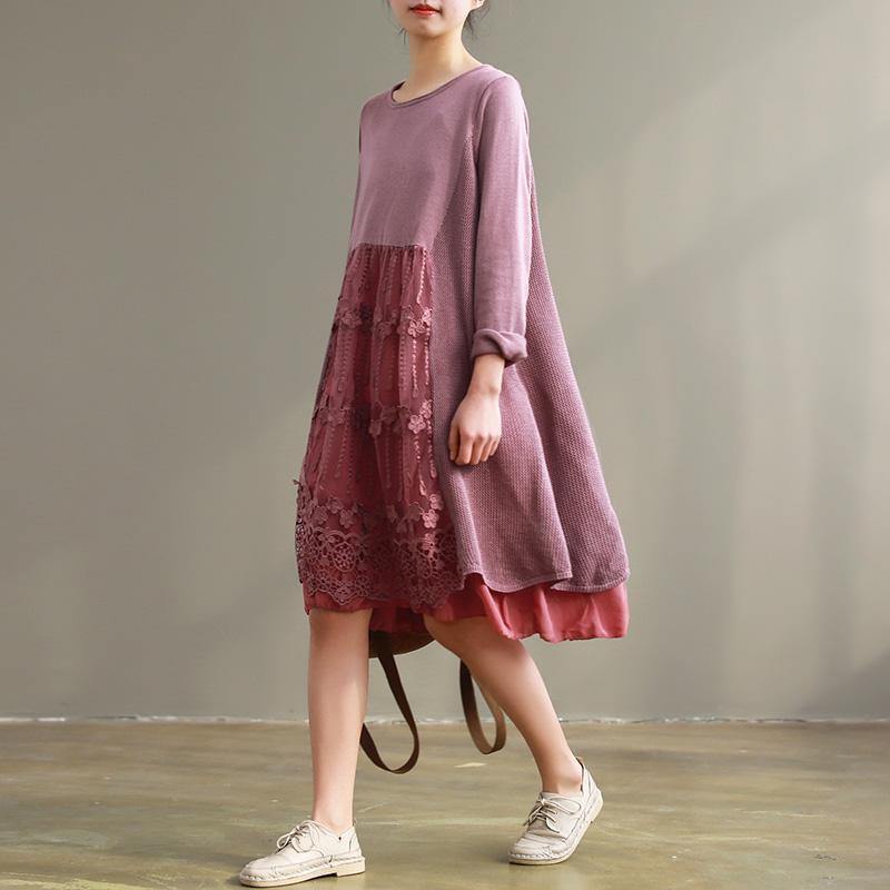 100% pink Cotton dress Plus Size Runway o neck patchwork lace Plus Size Dress - Omychic