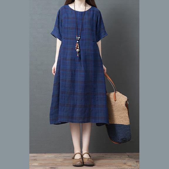 100% pockets o neck linen clothes Women Fabrics blue Plaid Dress summer - Omychic