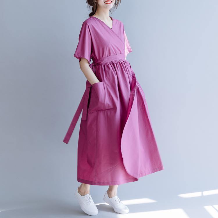 100% v neck tie waist cotton dresses Neckline pink A Line Dress summer - Omychic
