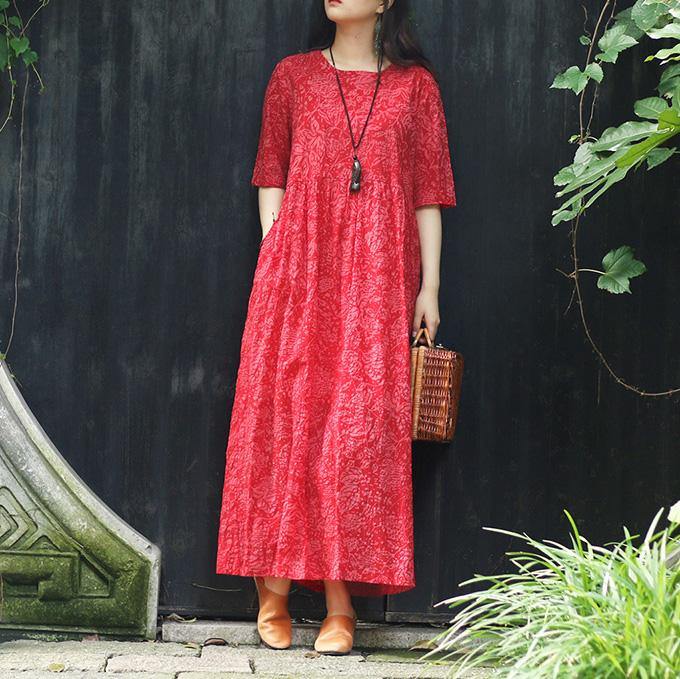 100% V Neck Tie Waist Cotton Dresses Plus Size Wardrobes Red Print Maxi Dresses Summer - Omychic
