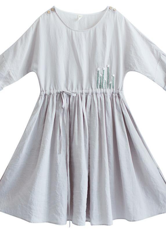 100% Gray Clothes Women O Neck Drawstring Traveling Dresses - Omychic