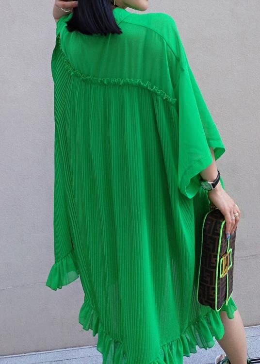 100% Green Dress Lapel Asymmetric Summer Dress - Omychic