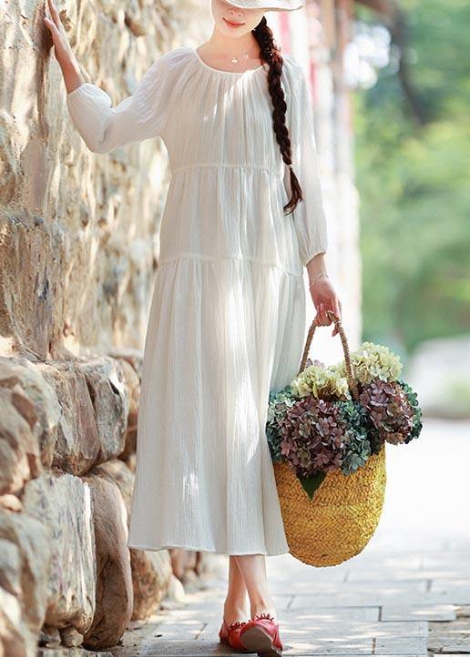 100% O Neck Cinched Spring Outfit Tunic Tops White Maxi Dresses - Omychic