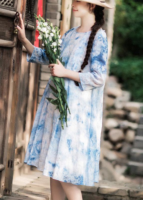 100% O-Neck Half Sleeve Summer Blue Print Dress - Omychic