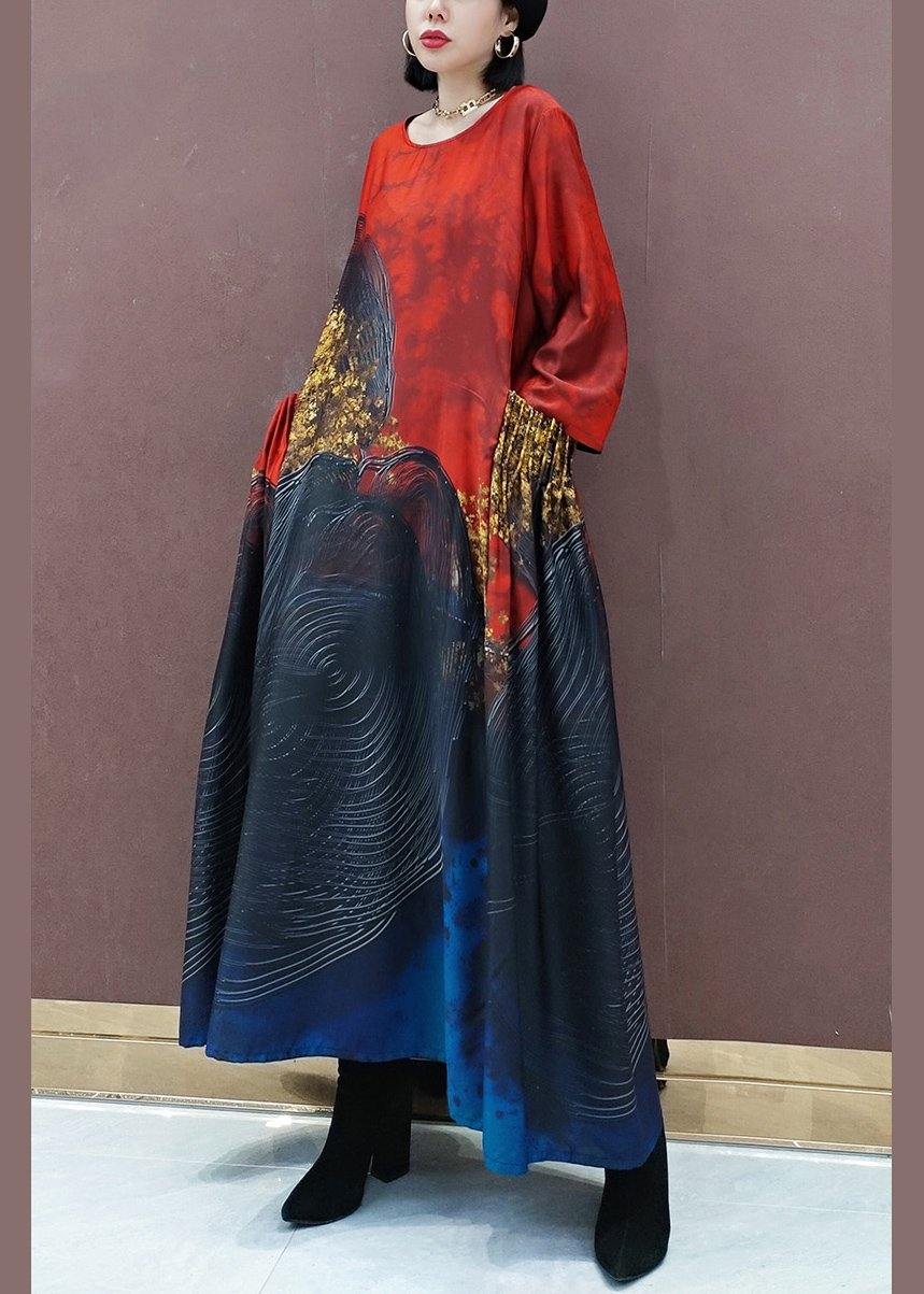 100% Red Print Tunic Pattern O Neck Large Hem Traveling Spring Dress - Omychic