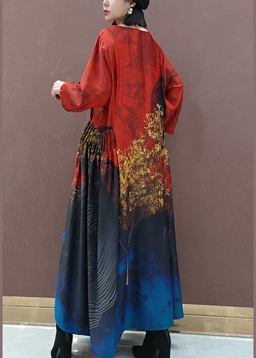 100% Red Print Tunic Pattern O Neck Large Hem Traveling Spring Dress - Omychic