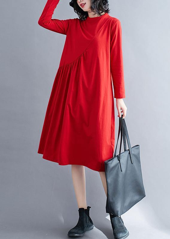 100% Red Wardrobes O Neck Wrinkled Kaftan Spring Dresses - Omychic