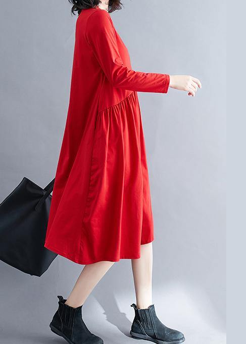 100% Red Wardrobes O Neck Wrinkled Kaftan Spring Dresses - Omychic