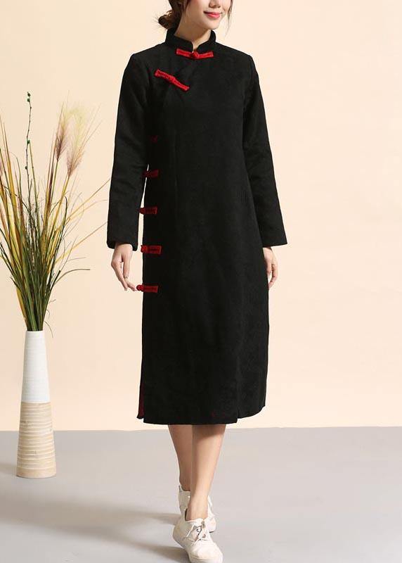 100% Stand Collar Chinese Button Spring Clothes Women Work Outfits Black A Line Dresses - Omychic