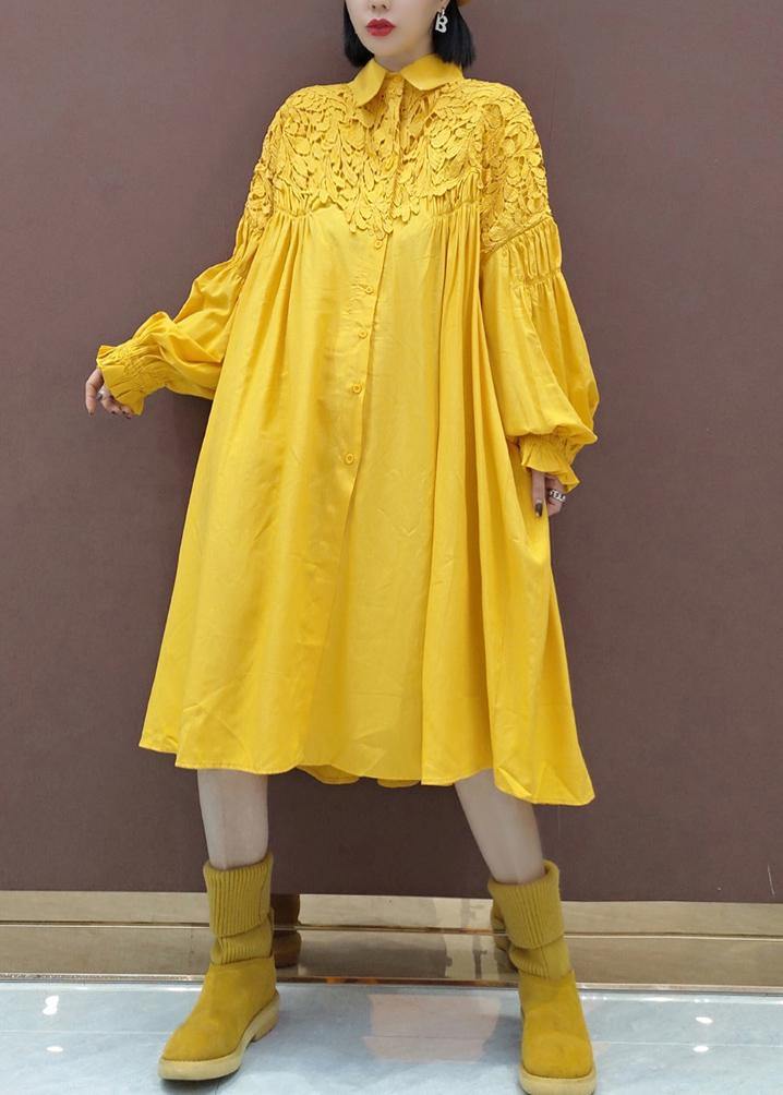 100% Stand Collar Patchwork Lace Quilting Clothes Catwalk Yellow Robes Dresses - Omychic