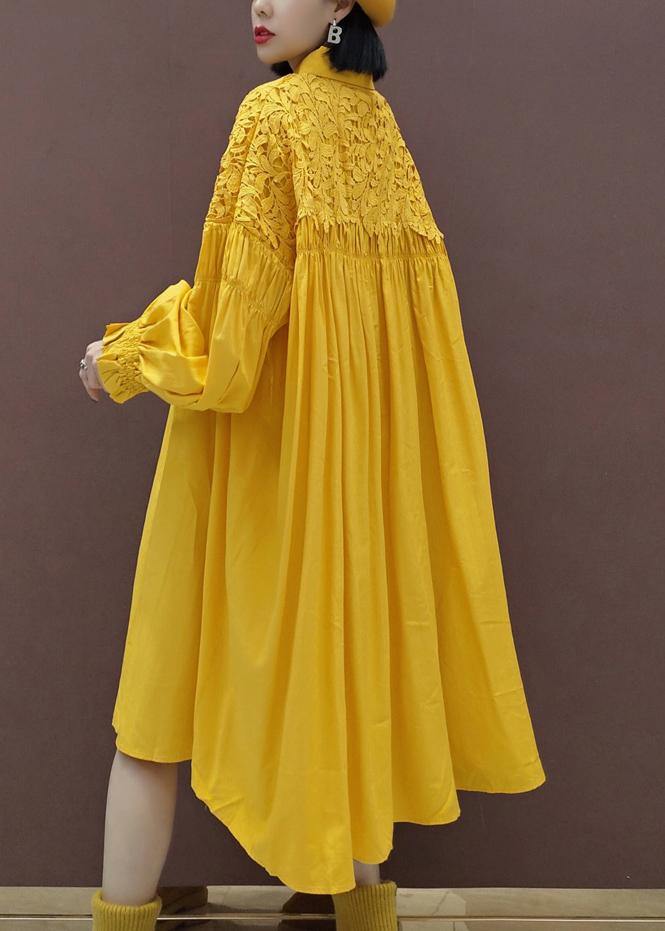 100% Stand Collar Patchwork Lace Quilting Clothes Catwalk Yellow Robes Dresses - Omychic