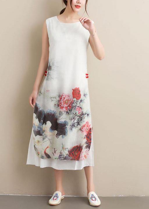 100% White Ink Painting Tunic Dress O Neck Sleeveless Maxi Summer Dress - Omychic