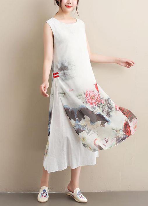 100% White Ink Painting Tunic Dress O Neck Sleeveless Maxi Summer Dress - Omychic