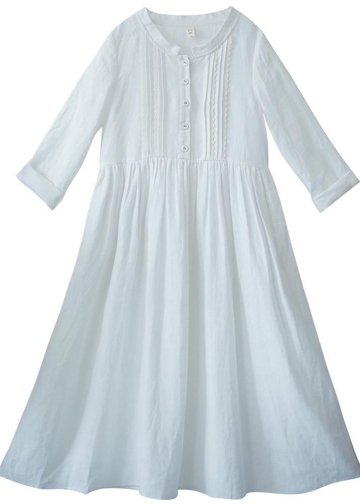 100% White Long Shirts Stand Collar Tie Waist Kaftan Spring Dress - Omychic