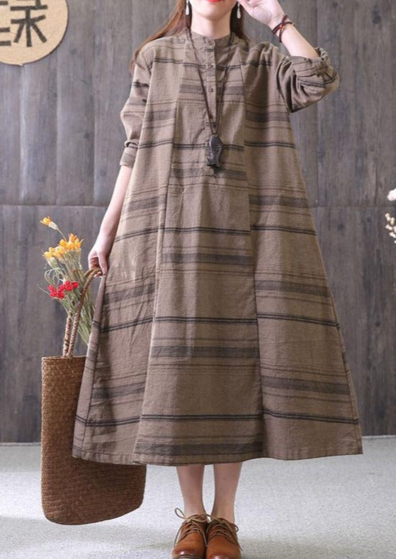 100% chocolate striped clothes stand collar drawstring Maxi Dress - Omychic