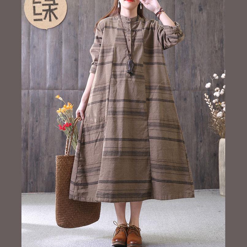 100% chocolate striped clothes stand collar drawstring Maxi Dress - Omychic