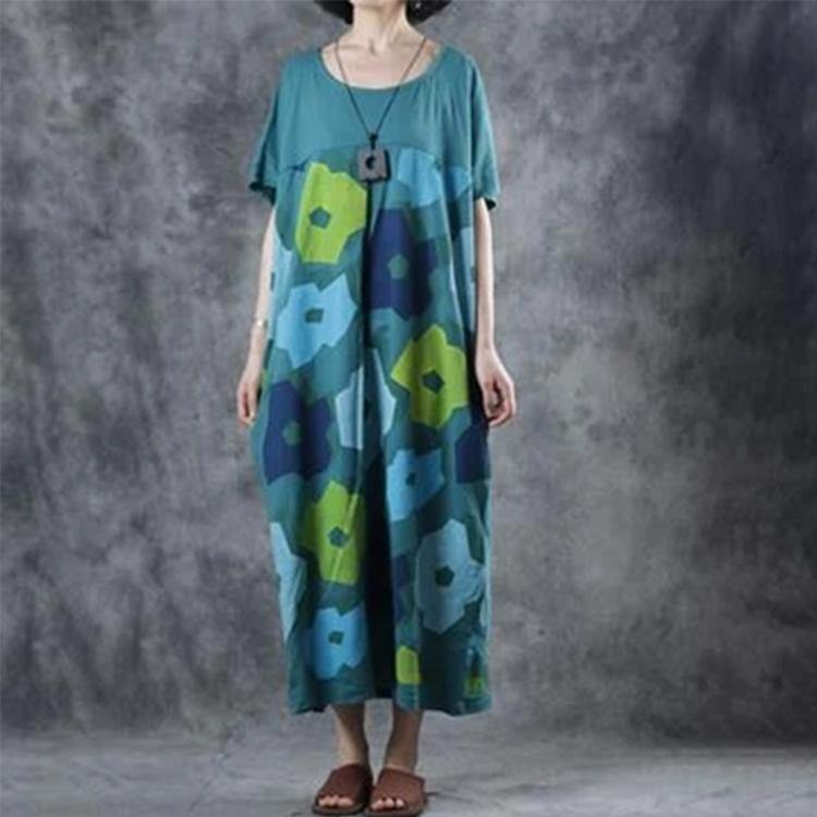100% Cotton Clothes For Women Korea Vintage Print Short Sleeve Round Neck Dress - Omychic