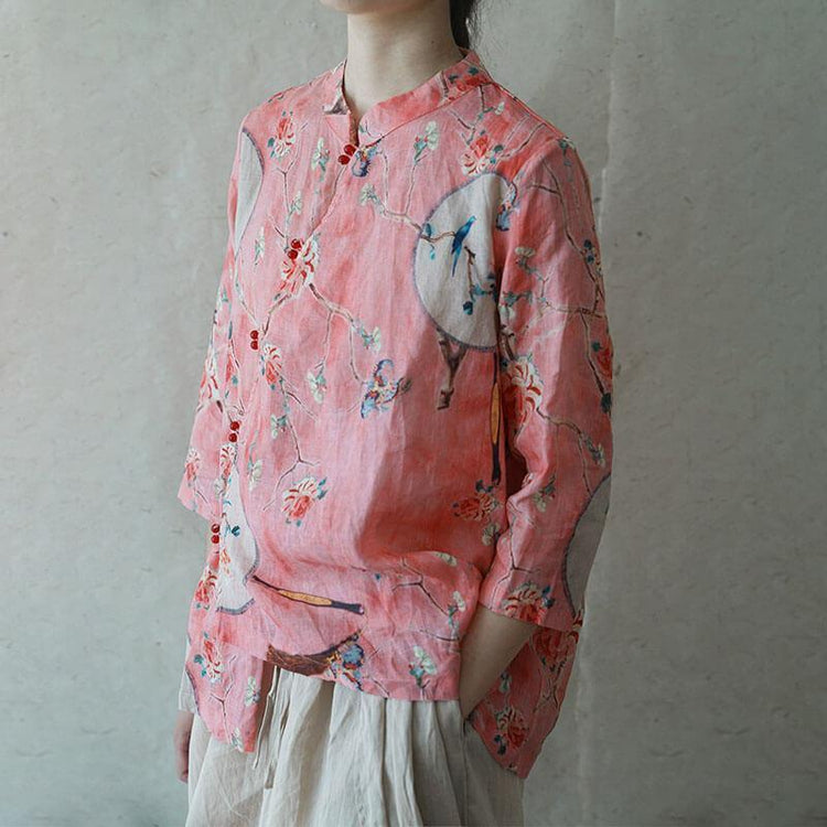 2021 Plus Size 100% Linen Floral Print Vintage Shirt - Omychic