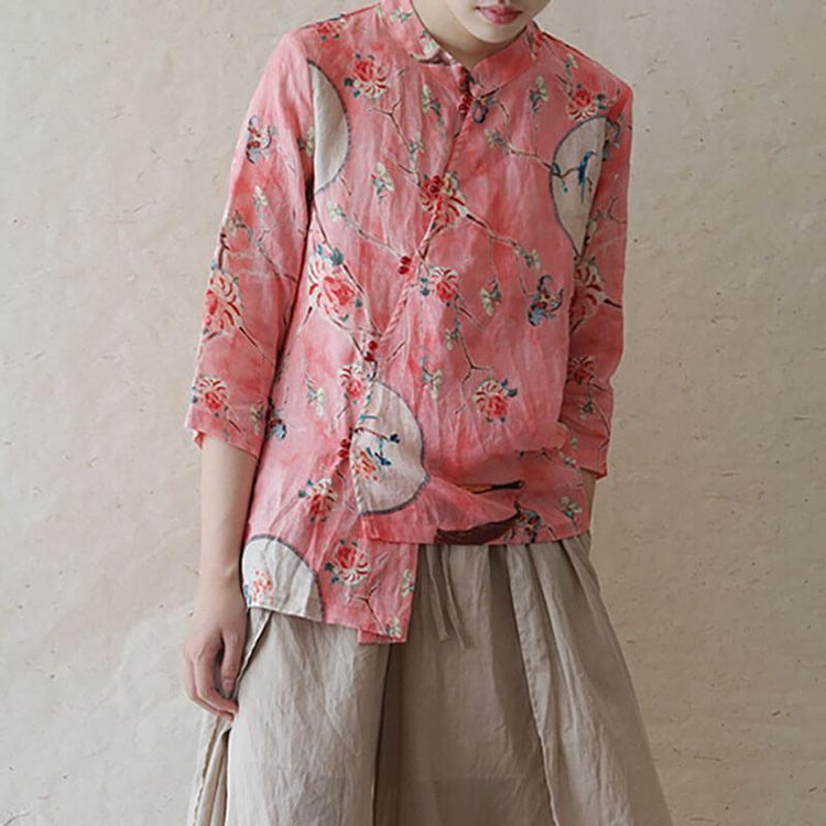 2021 Plus Size 100% Linen Floral Print Vintage Shirt - Omychic