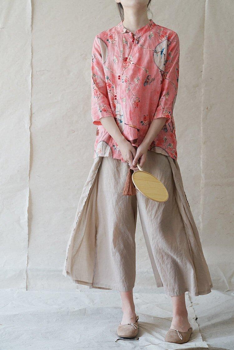2021 Plus Size 100% Linen Floral Print Vintage Shirt - Omychic