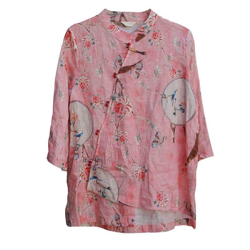 2021 Plus Size 100% Linen Floral Print Vintage Shirt - Omychic