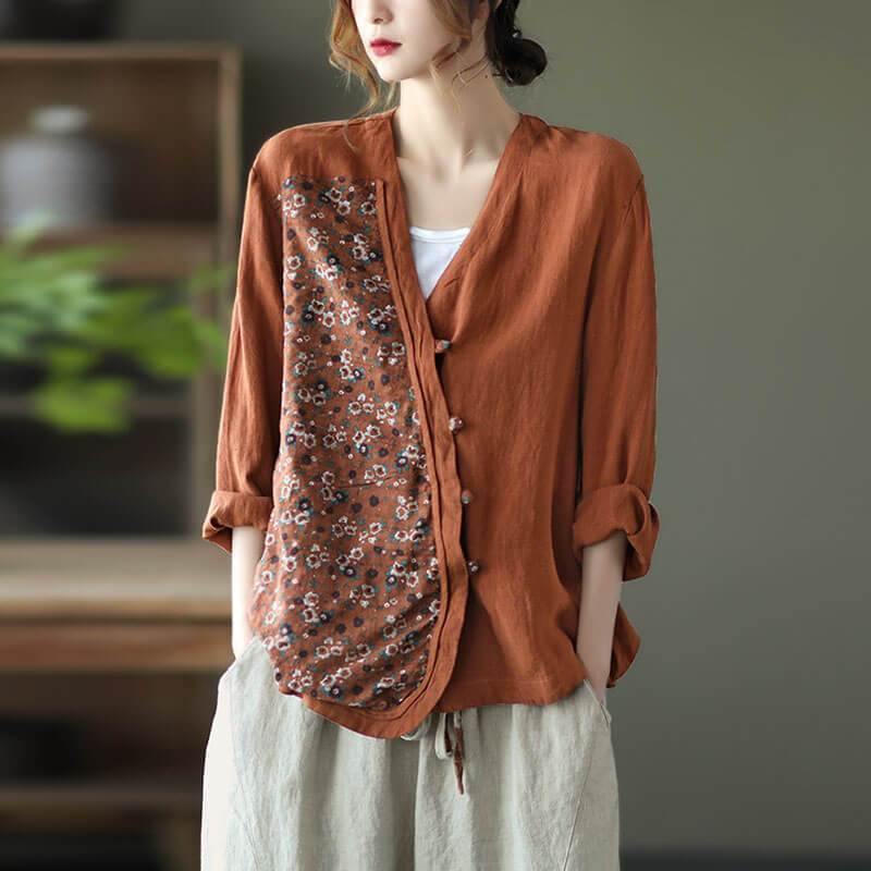 100% Linen Women Summer Spring Stitching Floral Shirt - Omychic