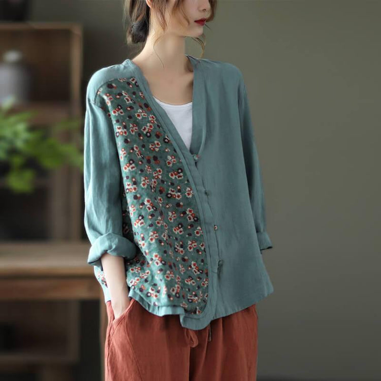 100% Linen Women Summer Spring Stitching Floral Shirt - Omychic