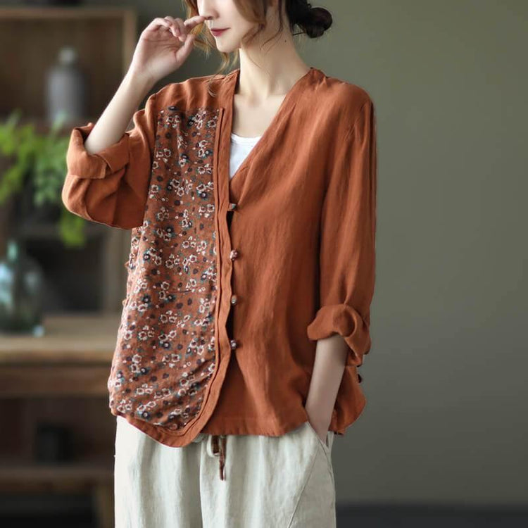 100% Linen Women Summer Spring Stitching Floral Shirt - Omychic