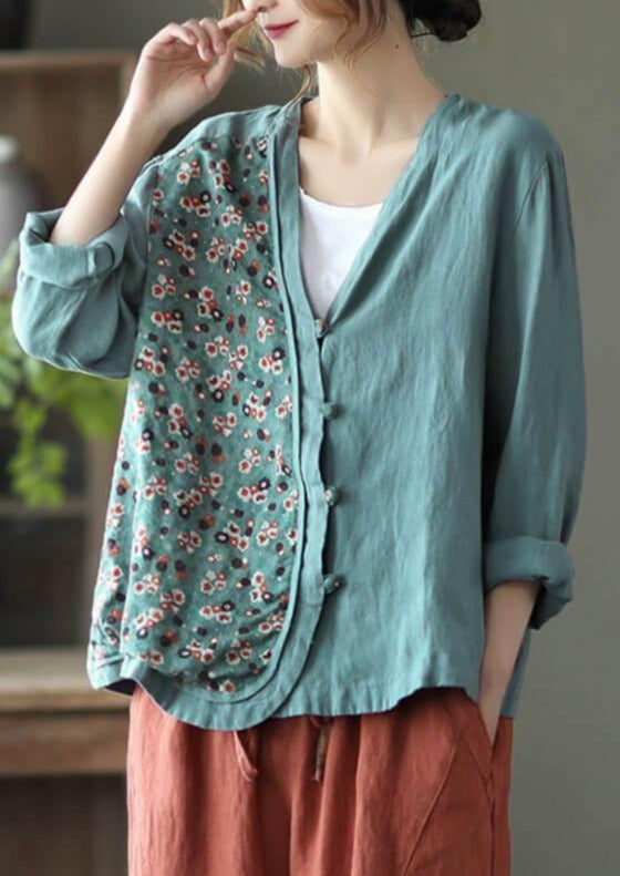 100% Linen Women Summer Spring Stitching Floral Shirt - Omychic