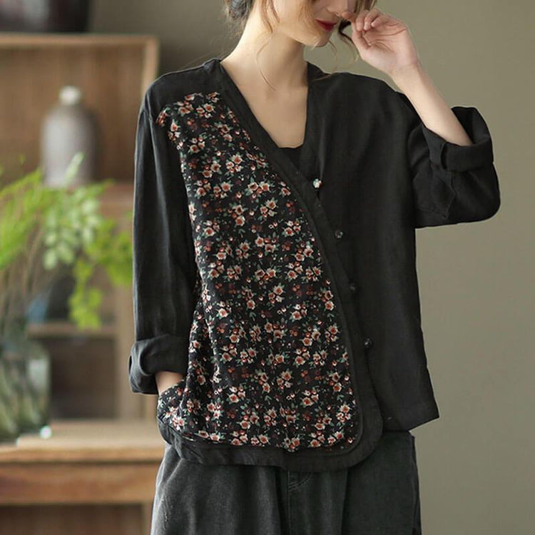 100% Linen Women Summer Spring Stitching Floral Shirt - Omychic