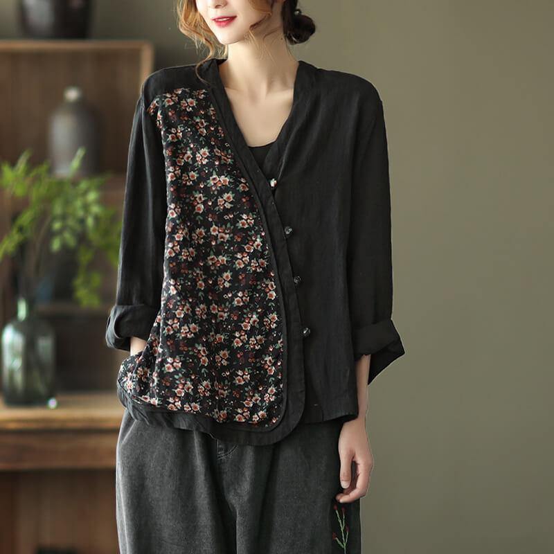 100% Linen Women Summer Spring Stitching Floral Shirt - Omychic