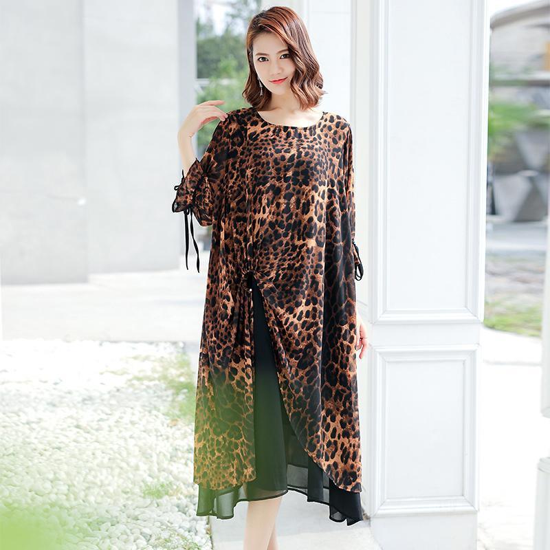 Leopard Print Lacing Ruffles Spliced Chiffon Polyester Dress - Omychic