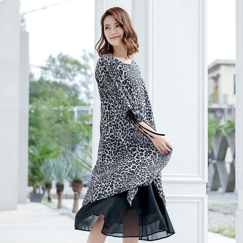 Leopard Print Lacing Ruffles Spliced Chiffon Polyester Dress - Omychic