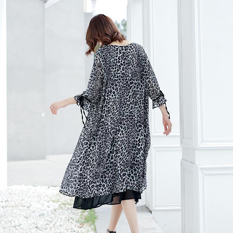 Leopard Print Lacing Ruffles Spliced Chiffon Polyester Dress - Omychic