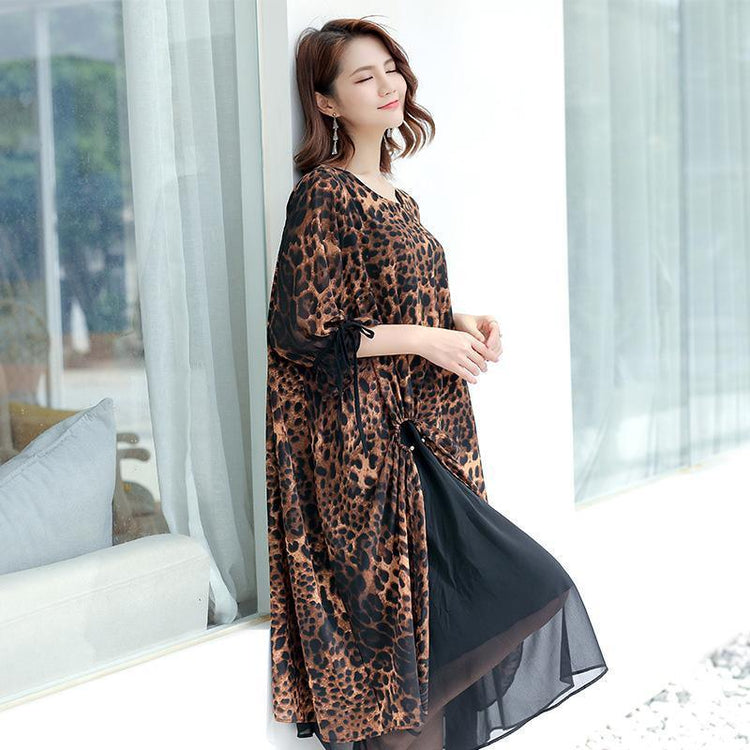 Leopard Print Lacing Ruffles Spliced Chiffon Polyester Dress - Omychic